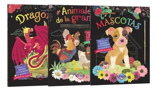 Libro Pack 3 Raspa Y Colorea: Dragones, Granja Y Mascotas